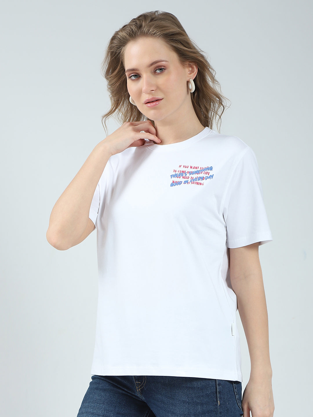 Rock.it Women White Printed Round Neck Half Sleeve Top