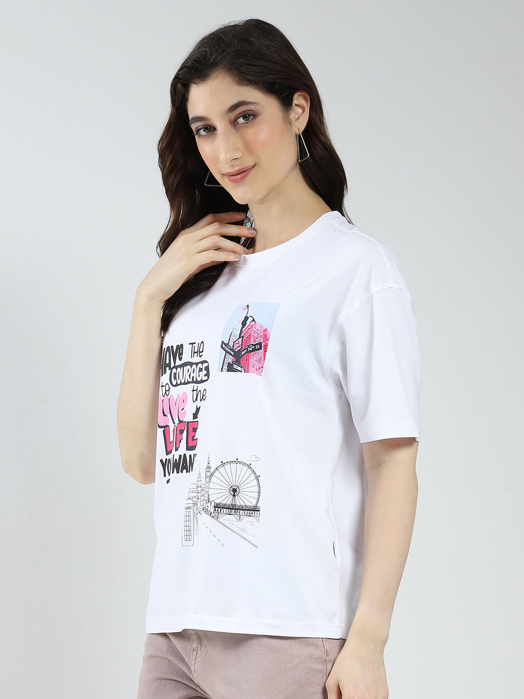 Rock.it Women White Printed Round Neck Half Sleeve Top