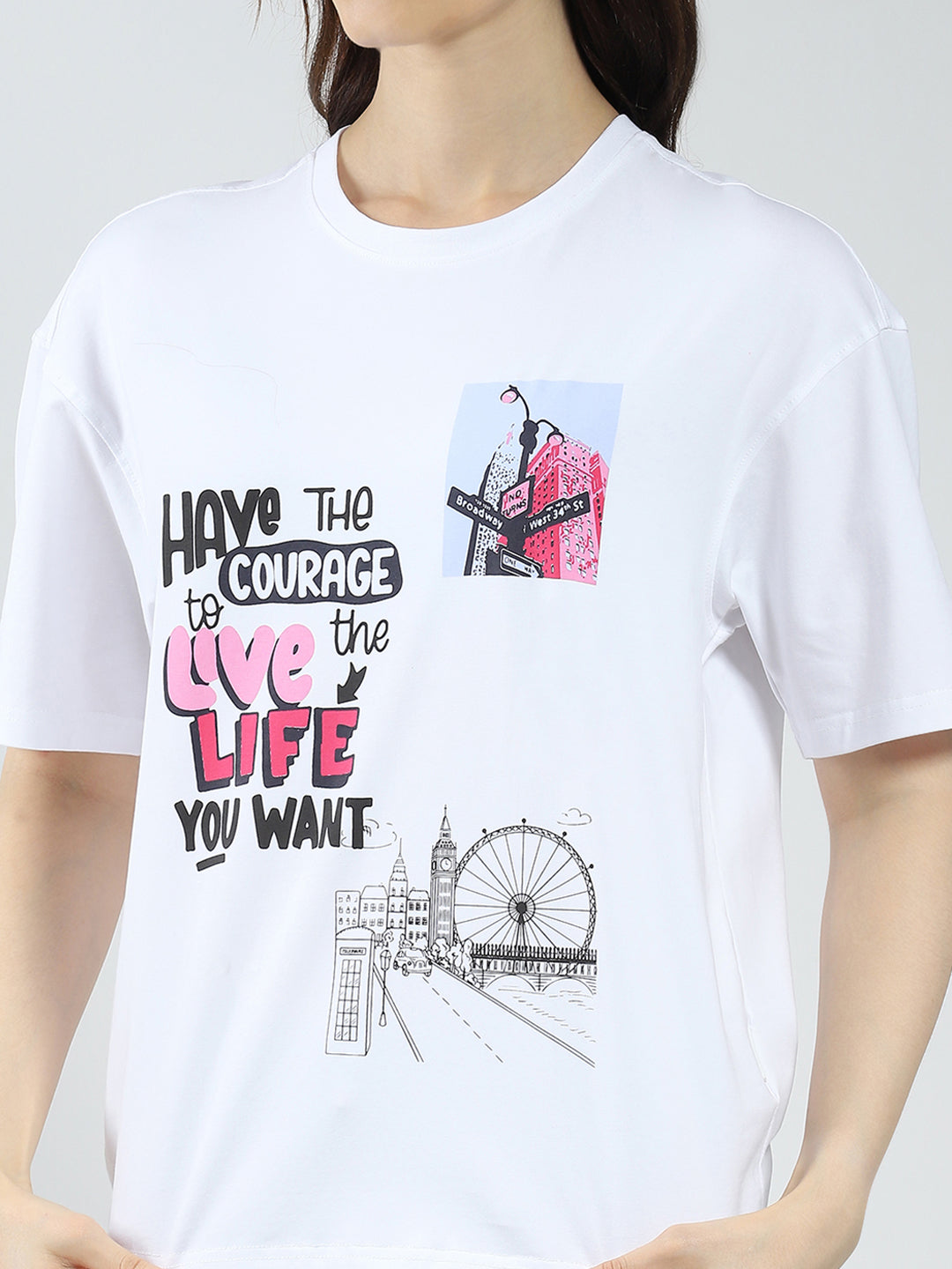 Rock.it Women White Printed Round Neck Half Sleeve Top