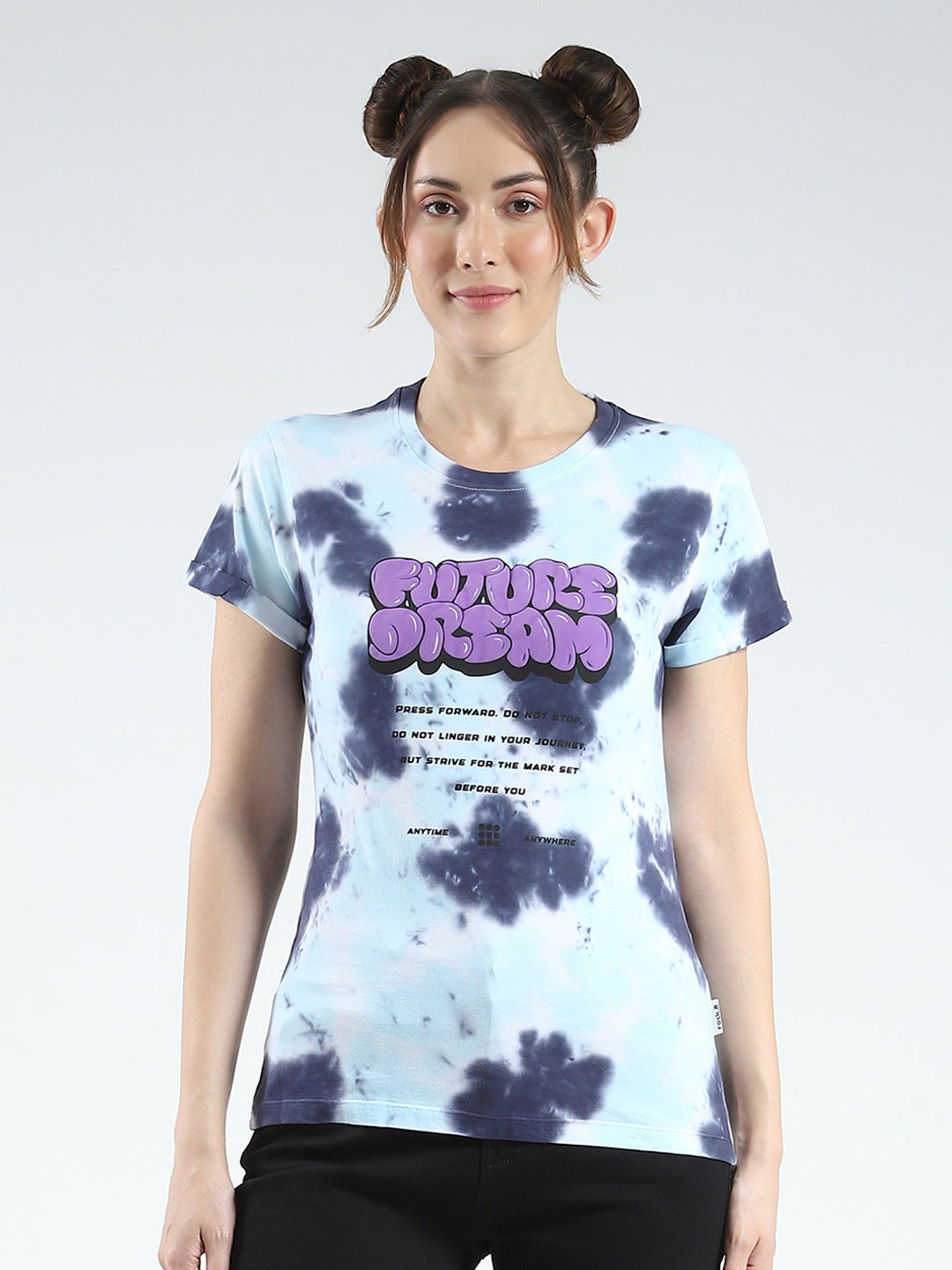 Rock.it Women Blue Printed Round Neck Half Sleeve Top