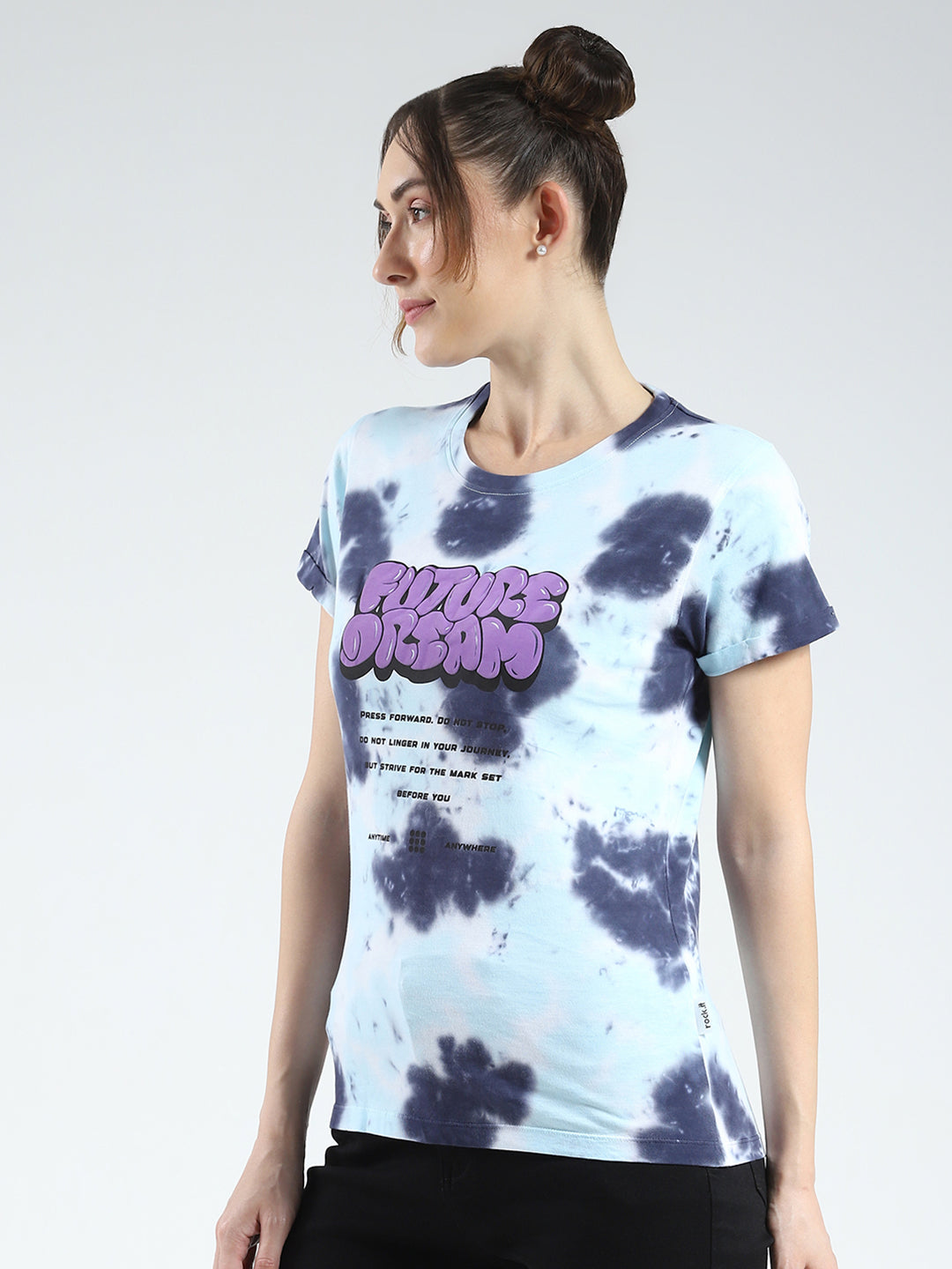 Rock.it Women Blue Printed Round Neck Half Sleeve Top