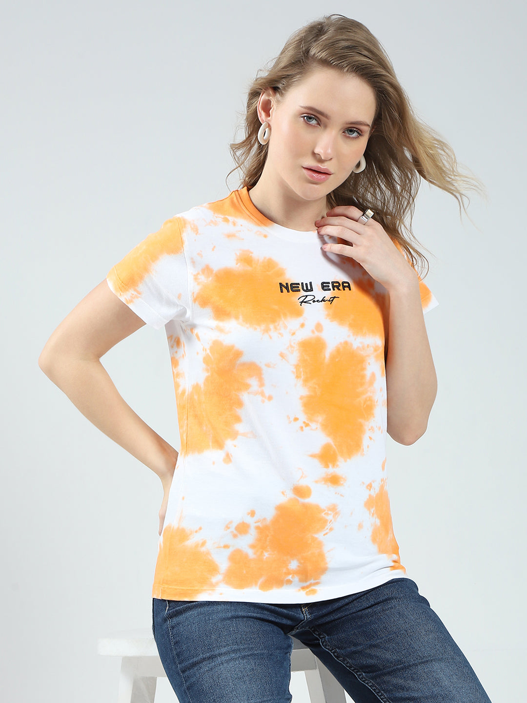 Rock.it Women Orange Printed Round Neck Half Sleeve Top