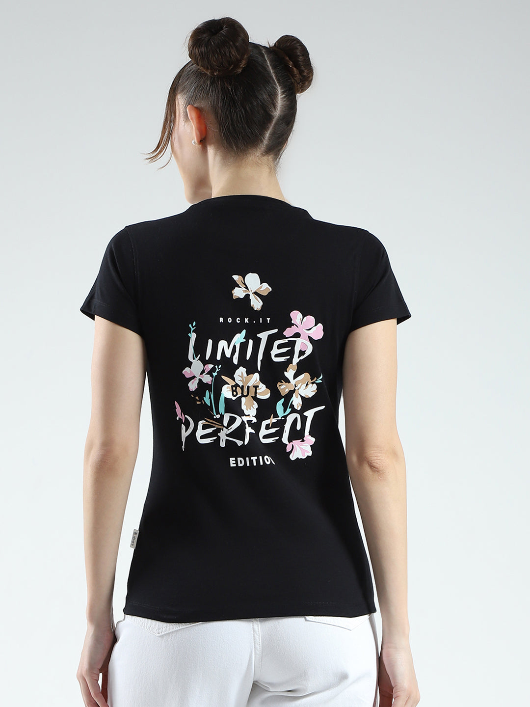 Rock.it Women Black Printed Round Neck Half Sleeve Top