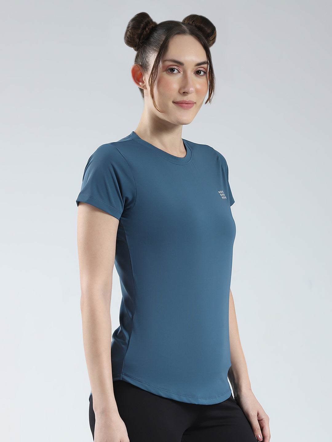 Rock.it Women Teal Blue Solid Round Neck Half Sleeve Top