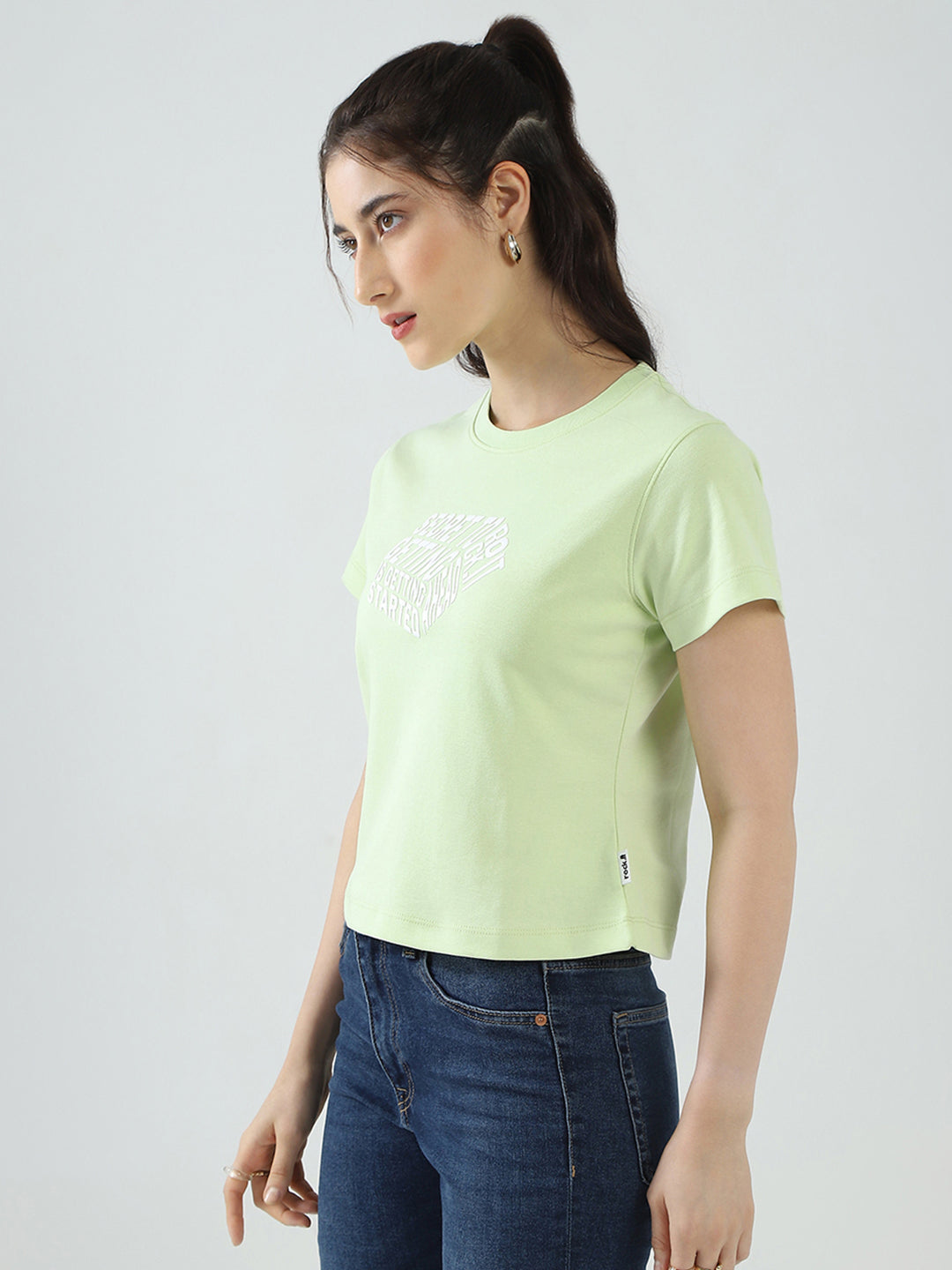 Rock.it Women Green Printed Round Neck Half Sleeve Top