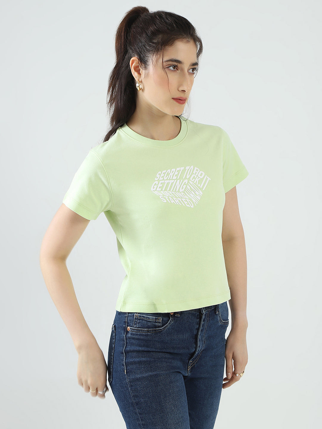 Rock.it Women Green Printed Round Neck Half Sleeve Top