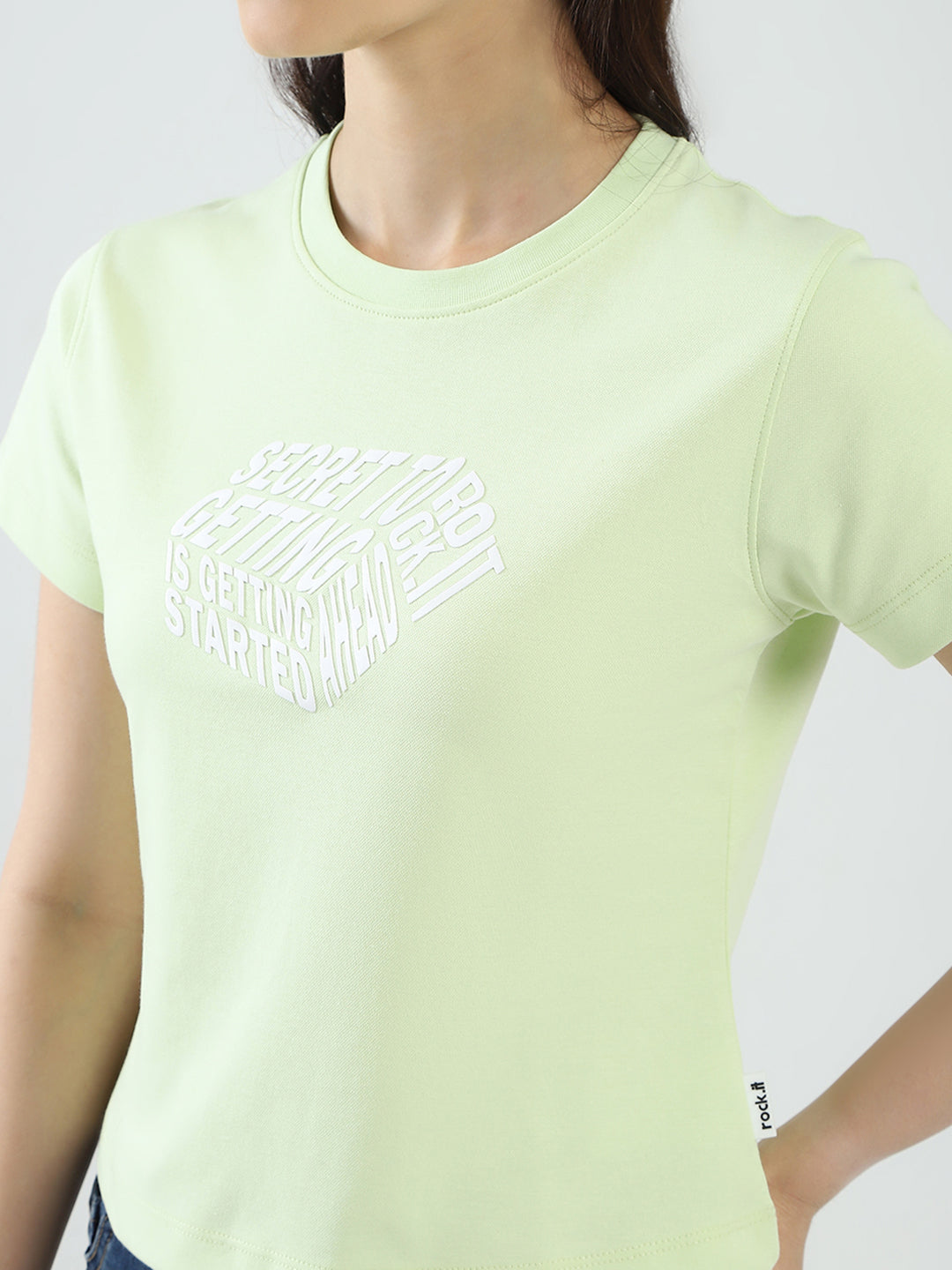 Rock.it Women Green Printed Round Neck Half Sleeve Top