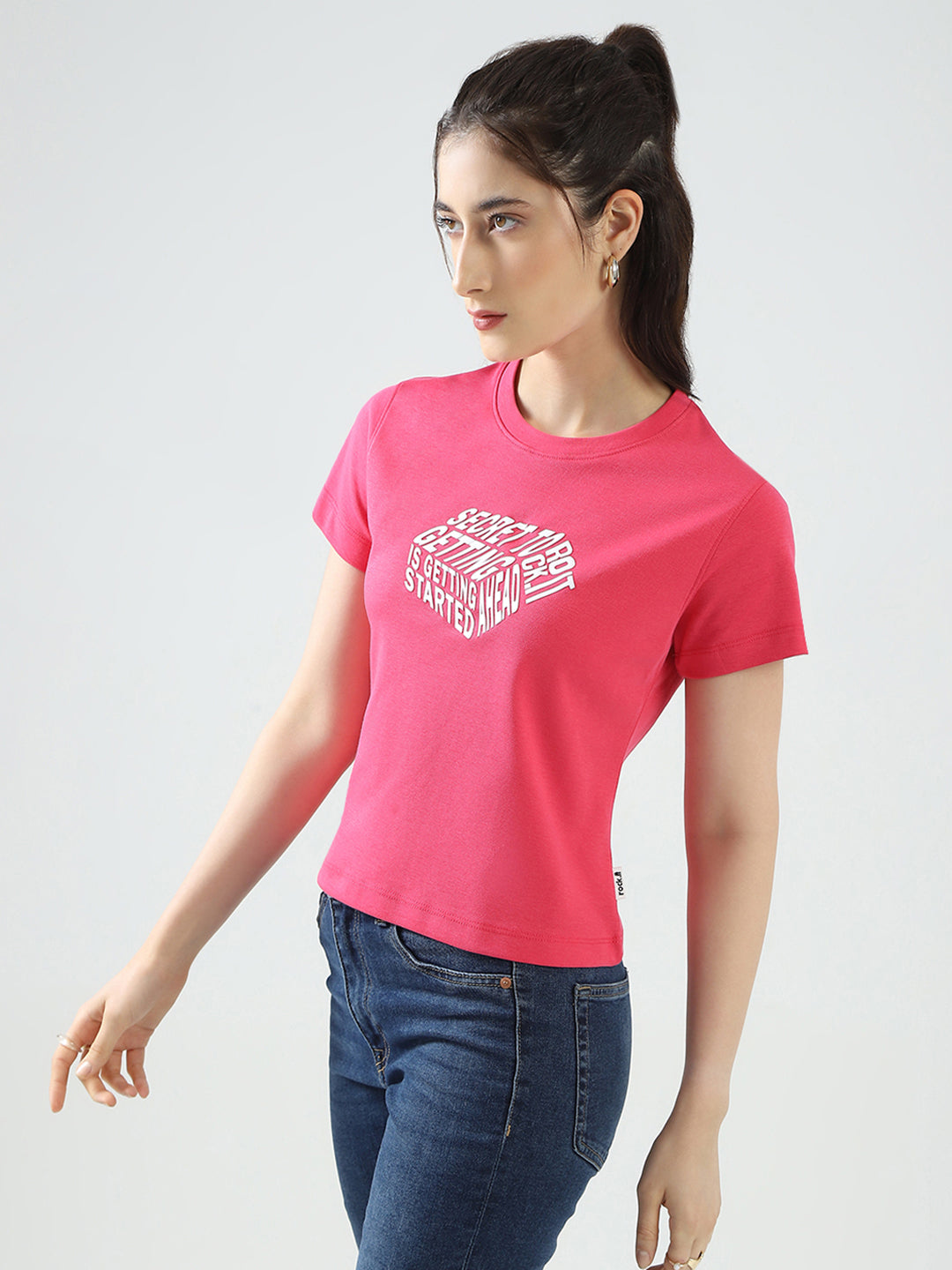 Rock.it Women Pink Printed Round Neck Half Sleeve Top