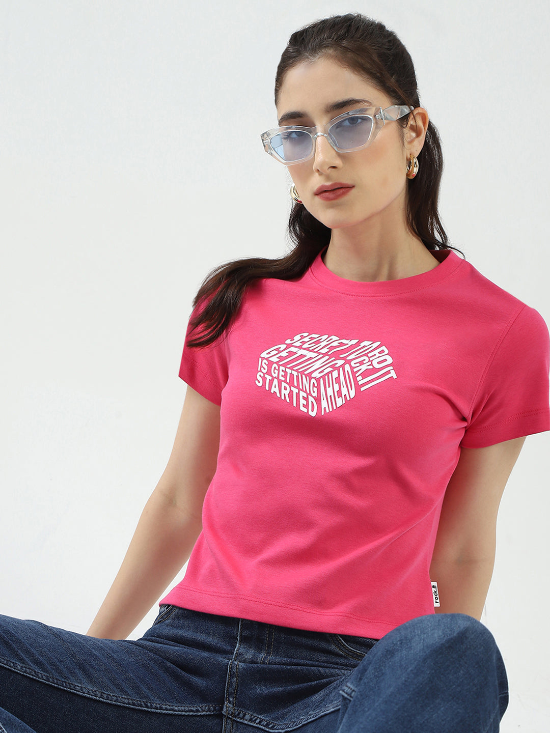 Rock.it Women Pink Printed Round Neck Half Sleeve Top