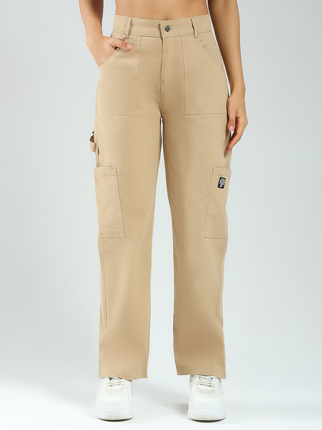 Rock.it Women Beige Solid Straight Fit Cargo