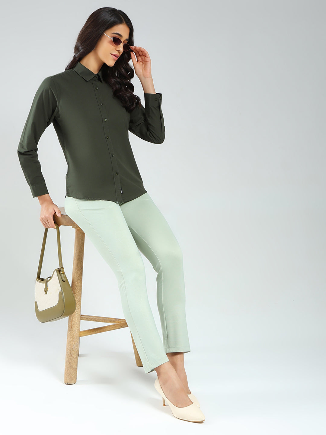 Rock.it Women Olive Solid Collar Full Sleeve Shirt