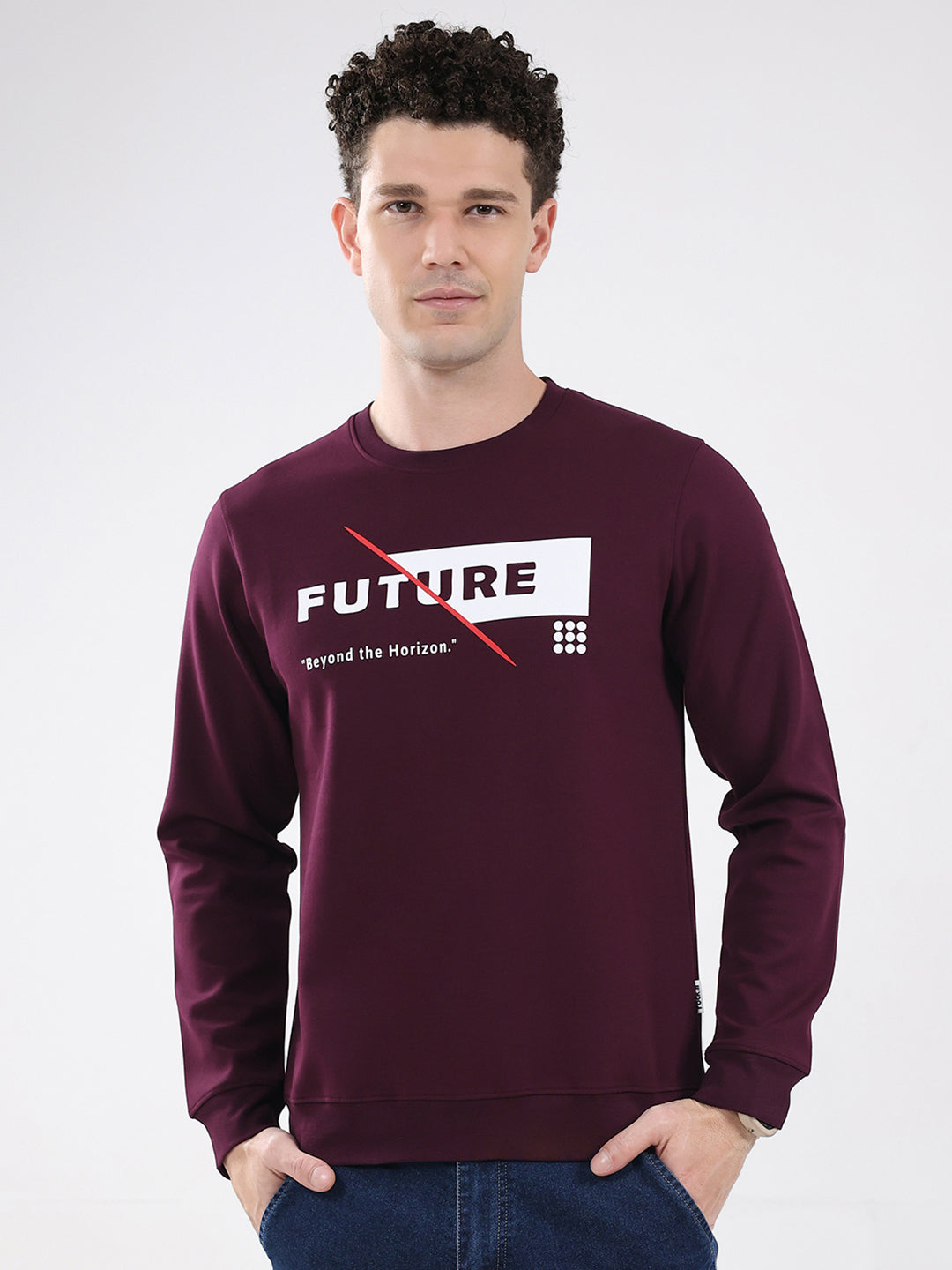 Rock.it Men Maroon Printed Round Neck Full Sleeve Sweatshirt