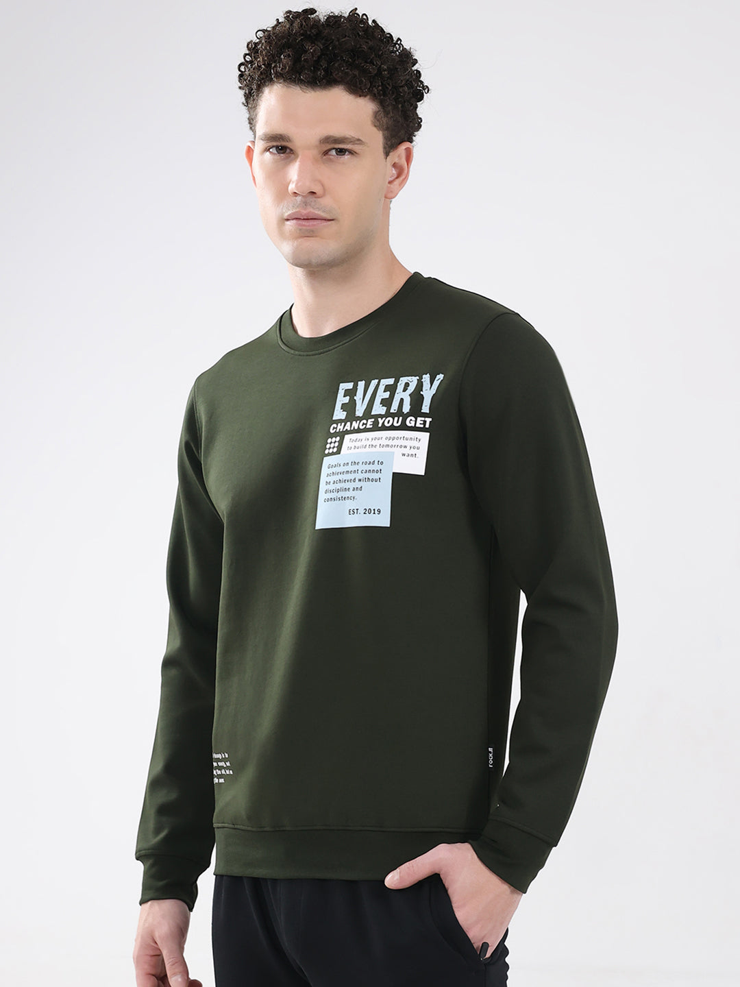 Rock.it Men Olive Printed Round Neck Full Sleeve Sweatshirt