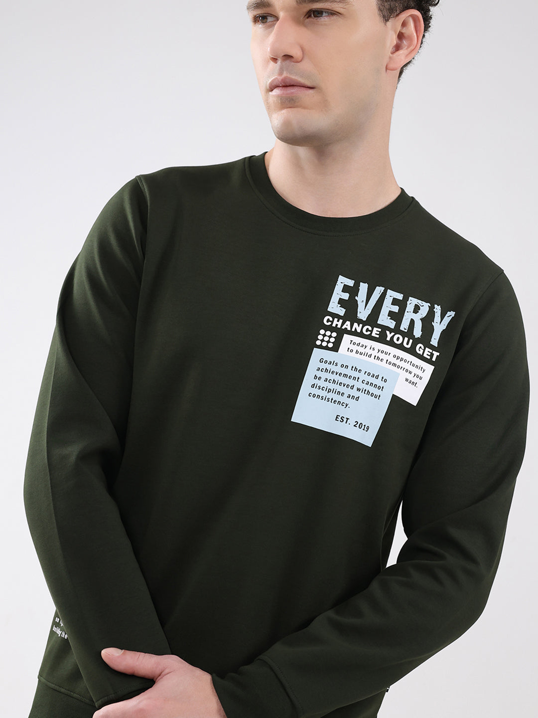 Rock.it Men Olive Printed Round Neck Full Sleeve Sweatshirt