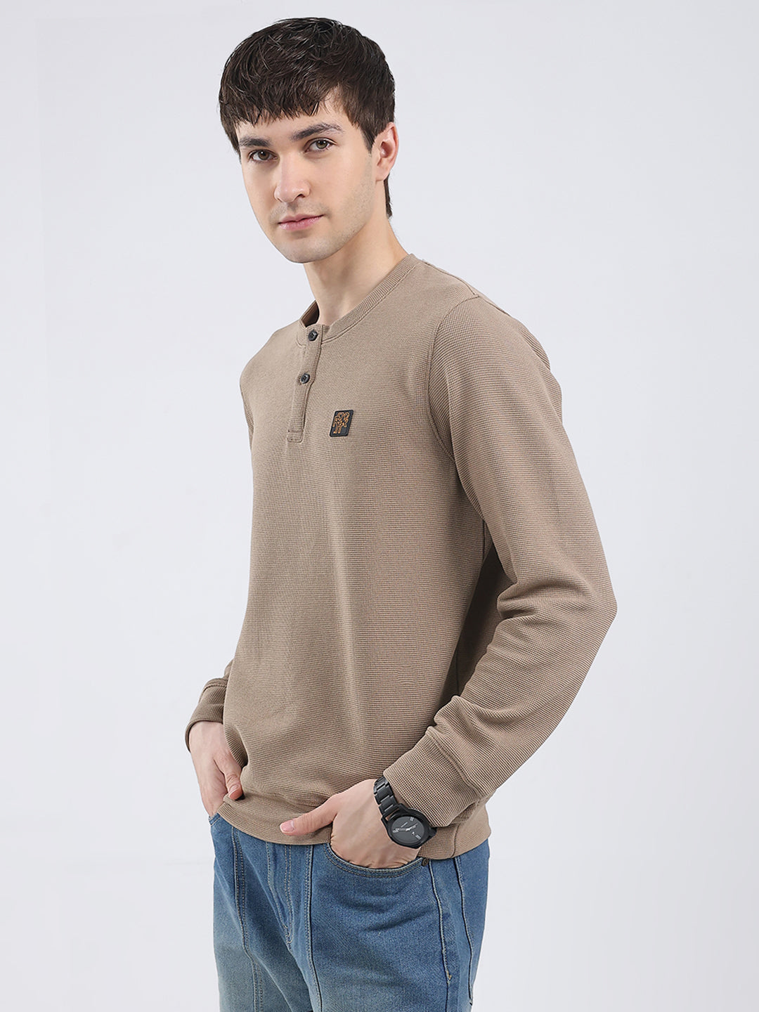 Rock.it Men Brown Solid Round Neck Full Sleeve Winter T-Shirt