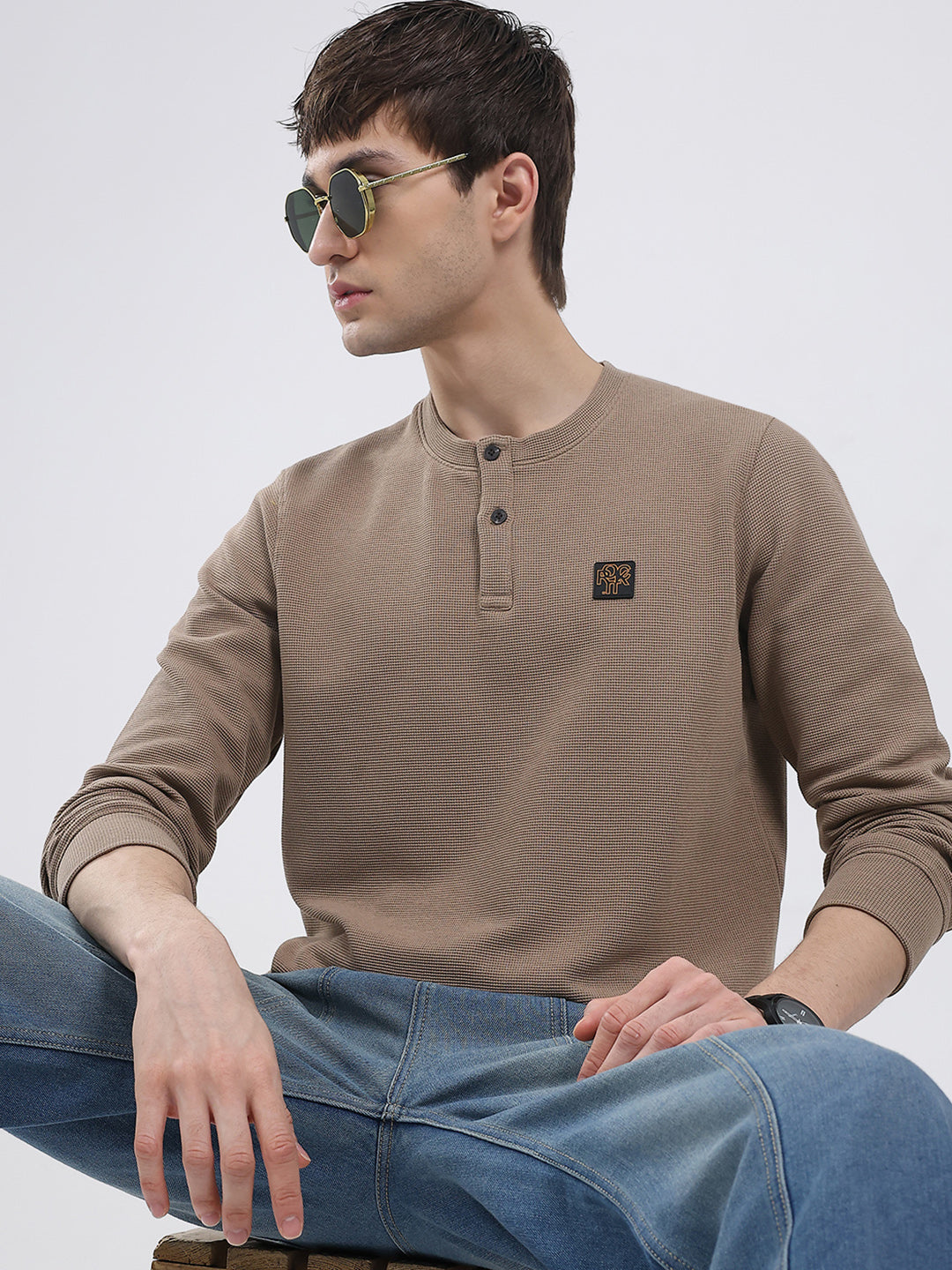 Rock.it Men Brown Solid Round Neck Full Sleeve Winter T-Shirt