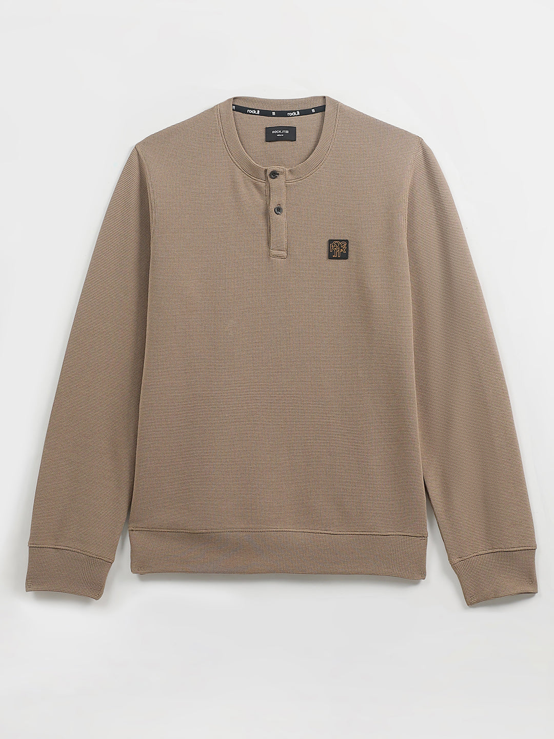 Rock.it Men Brown Solid Round Neck Full Sleeve Winter T-Shirt