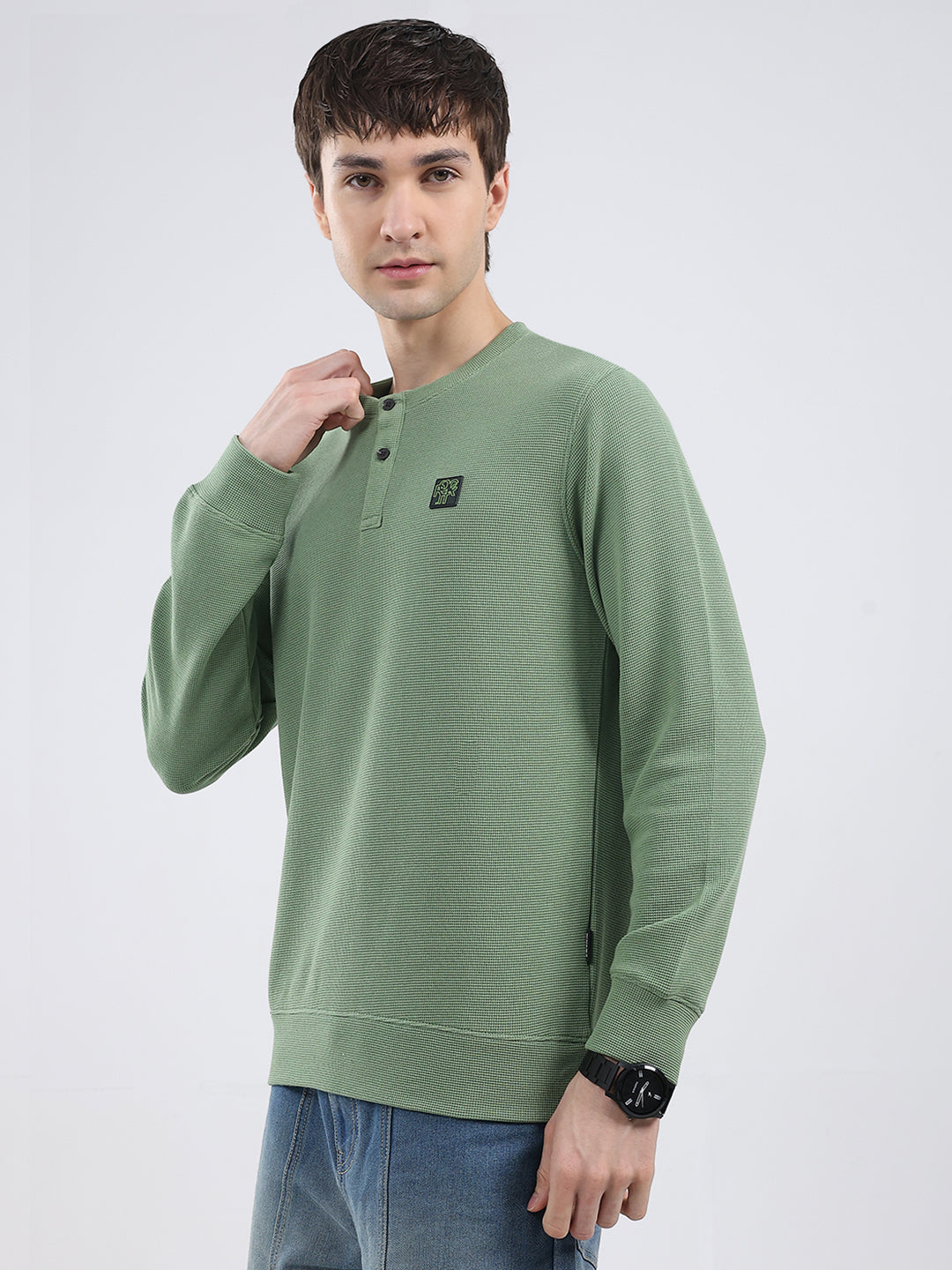 Rock.it Men Green Solid Round Neck Full Sleeve Winter T-Shirt