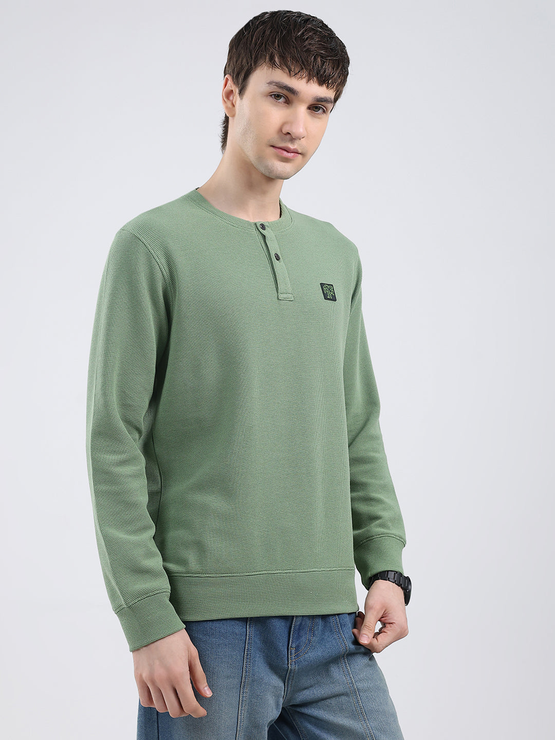 Rock.it Men Green Solid Round Neck Full Sleeve Winter T-Shirt