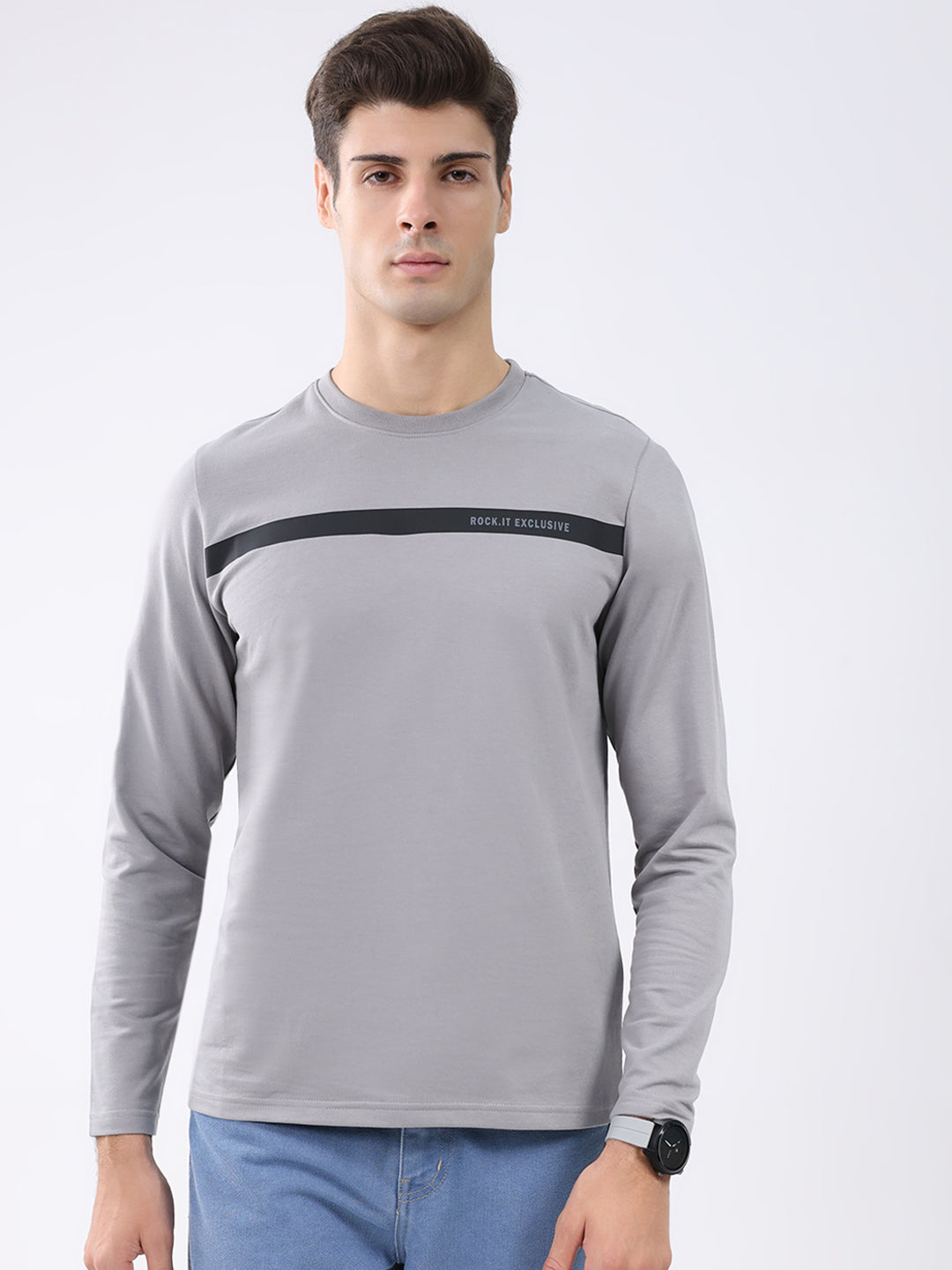 Rock.it Men Grey Solid Round Neck Full Sleeve Winter T-Shirt