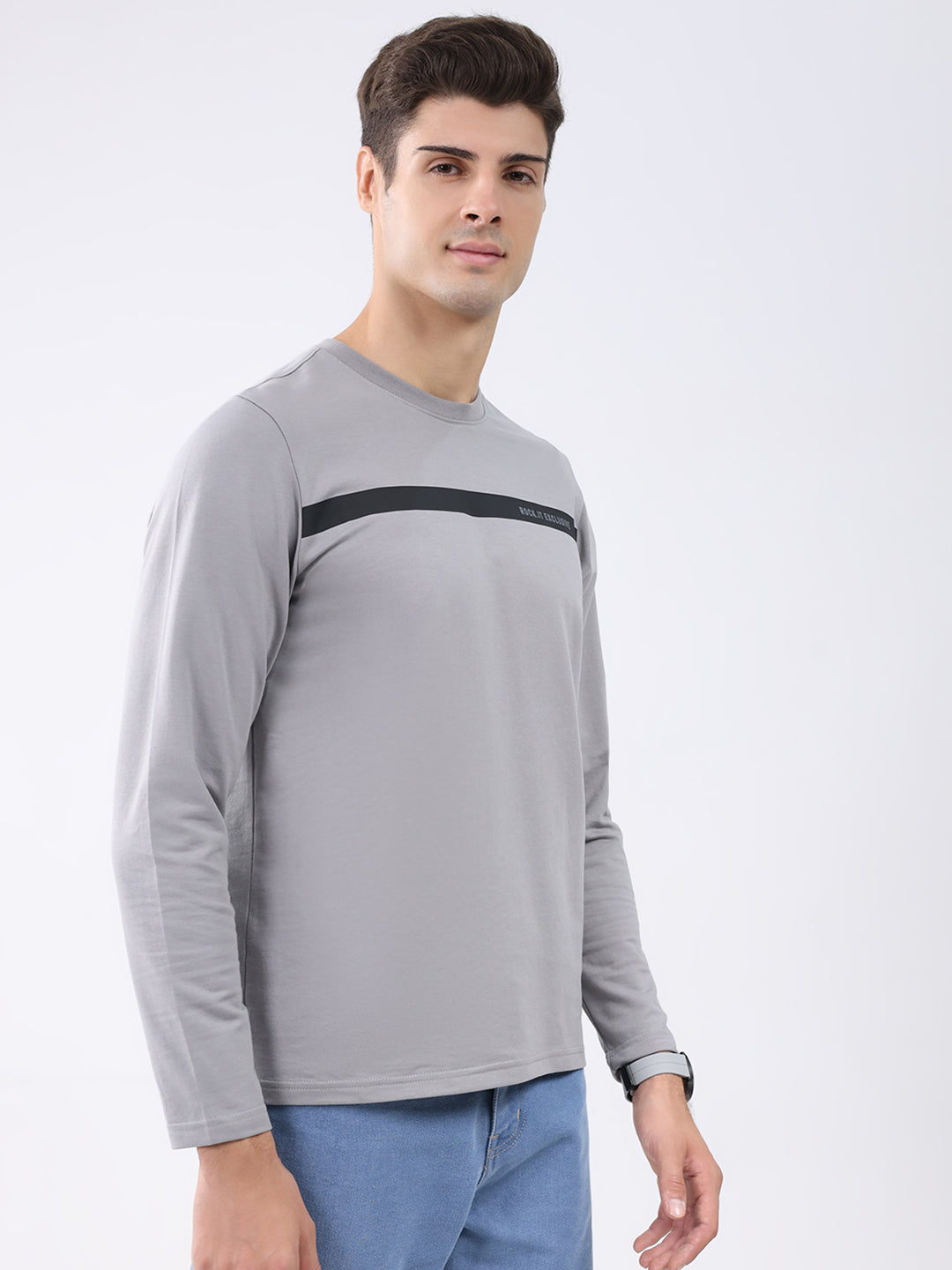 Rock.it Men Grey Solid Round Neck Full Sleeve Winter T-Shirt
