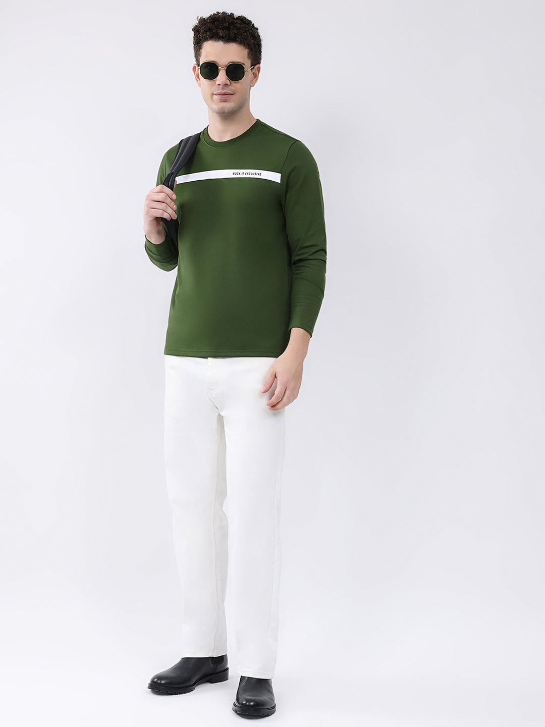Rock.it Men Green Solid Round Neck Full Sleeve Winter T-Shirt