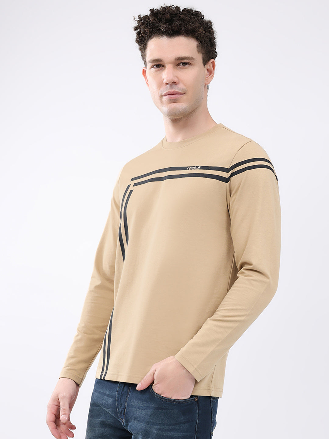 Rock.it Men Beige Solid Round Neck Full Sleeve Winter T-Shirt