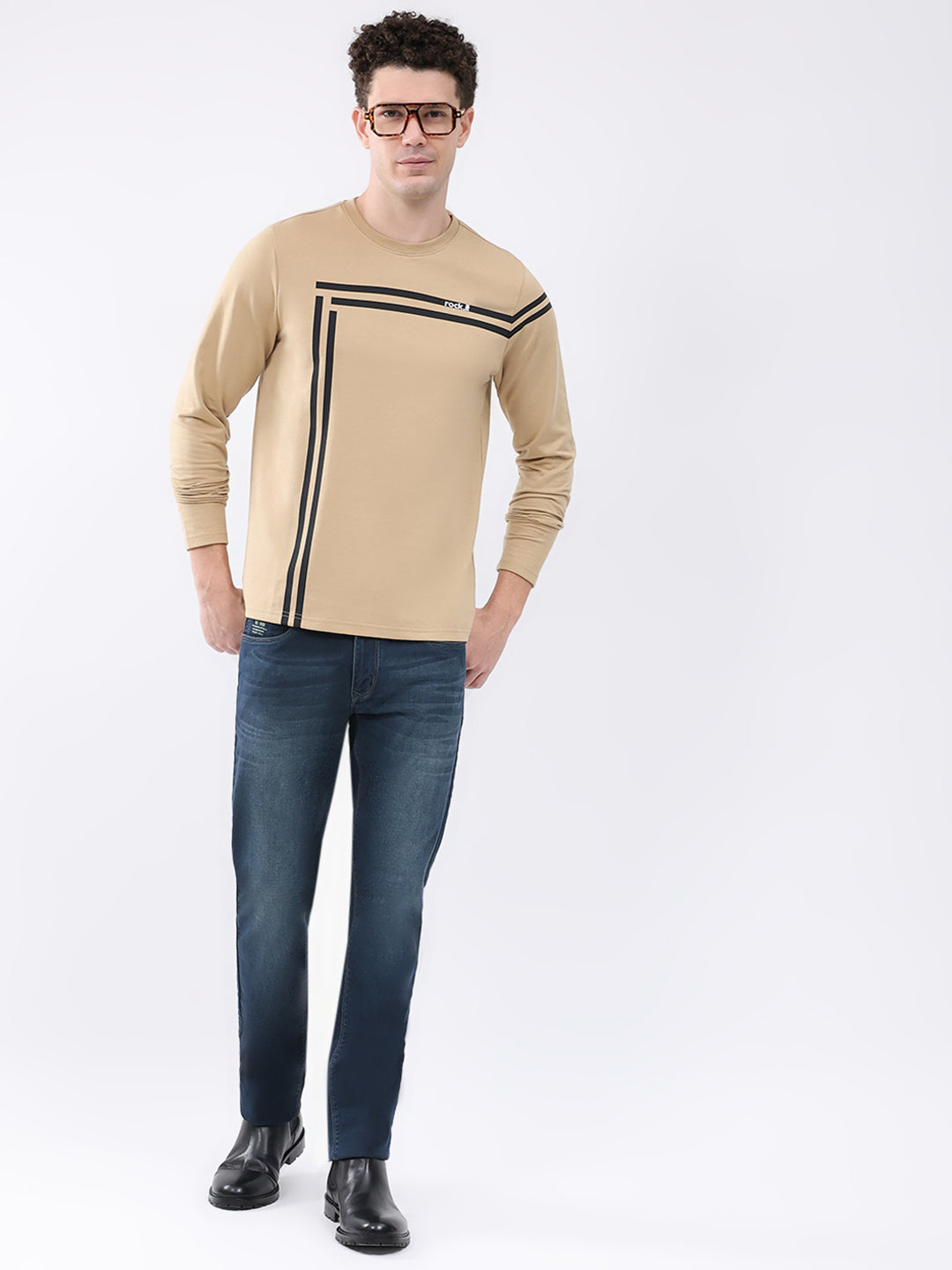 Rock.it Men Beige Solid Round Neck Full Sleeve Winter T-Shirt
