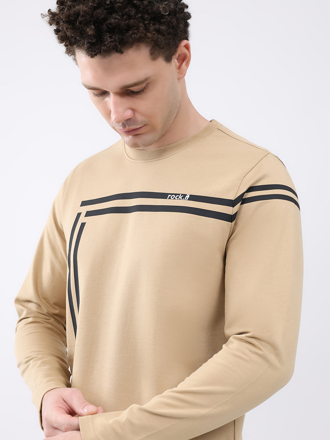 Rock.it Men Beige Solid Round Neck Full Sleeve Winter T-Shirt