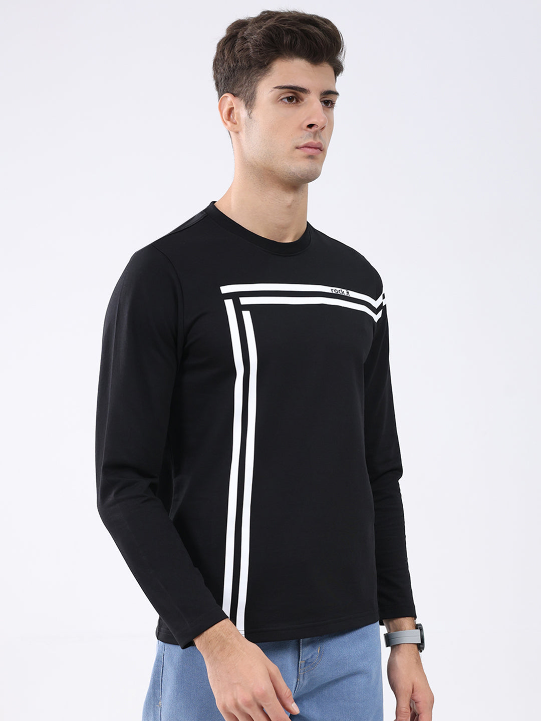 Rock.it Men Black Solid Round Neck Full Sleeve Winter T-Shirt