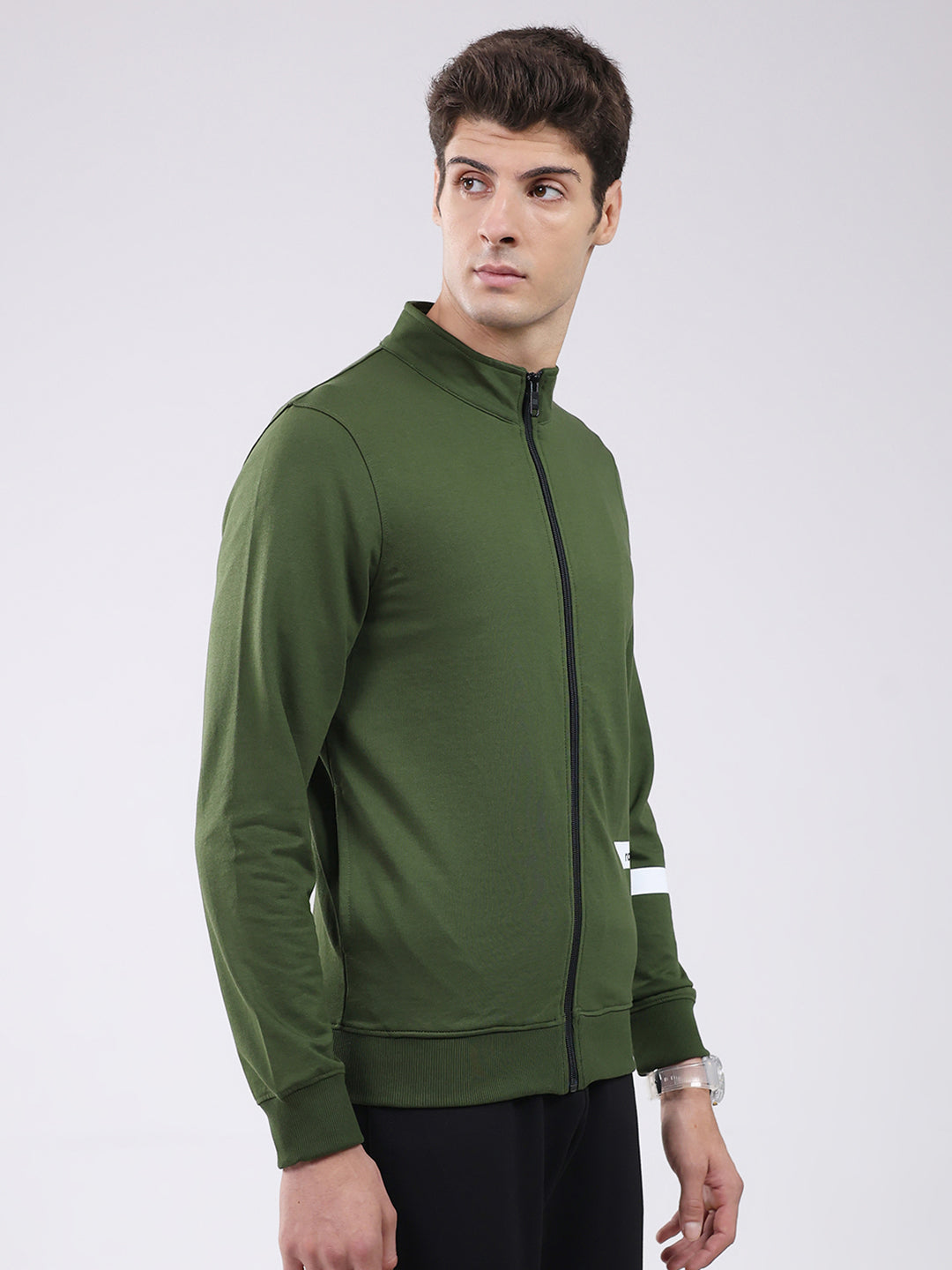 Rock.it Men Green Solid Mock Neck Full Sleeve Sweatshirt
