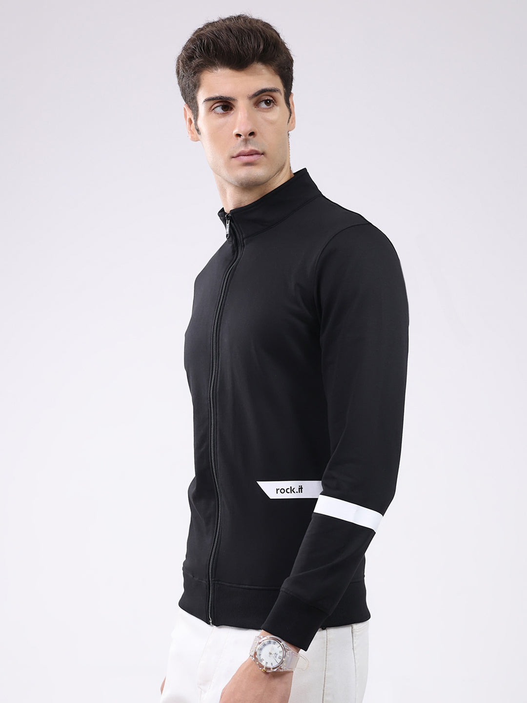 Rock.it Men Black Solid Mock Neck Full Sleeve Sweatshirt
