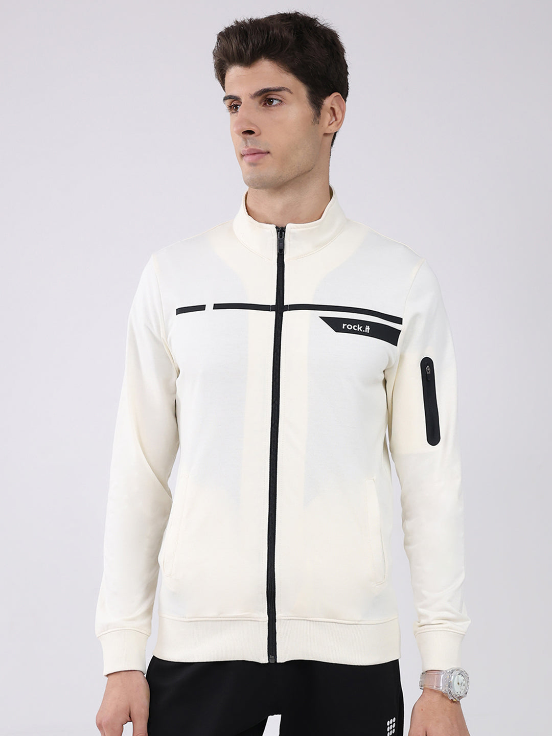Rock.it Men Off White Solid Mock Neck Full Sleeve Sweatshirt