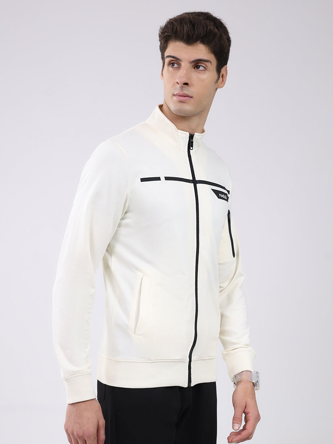 Rock.it Men Off White Solid Mock Neck Full Sleeve Sweatshirt