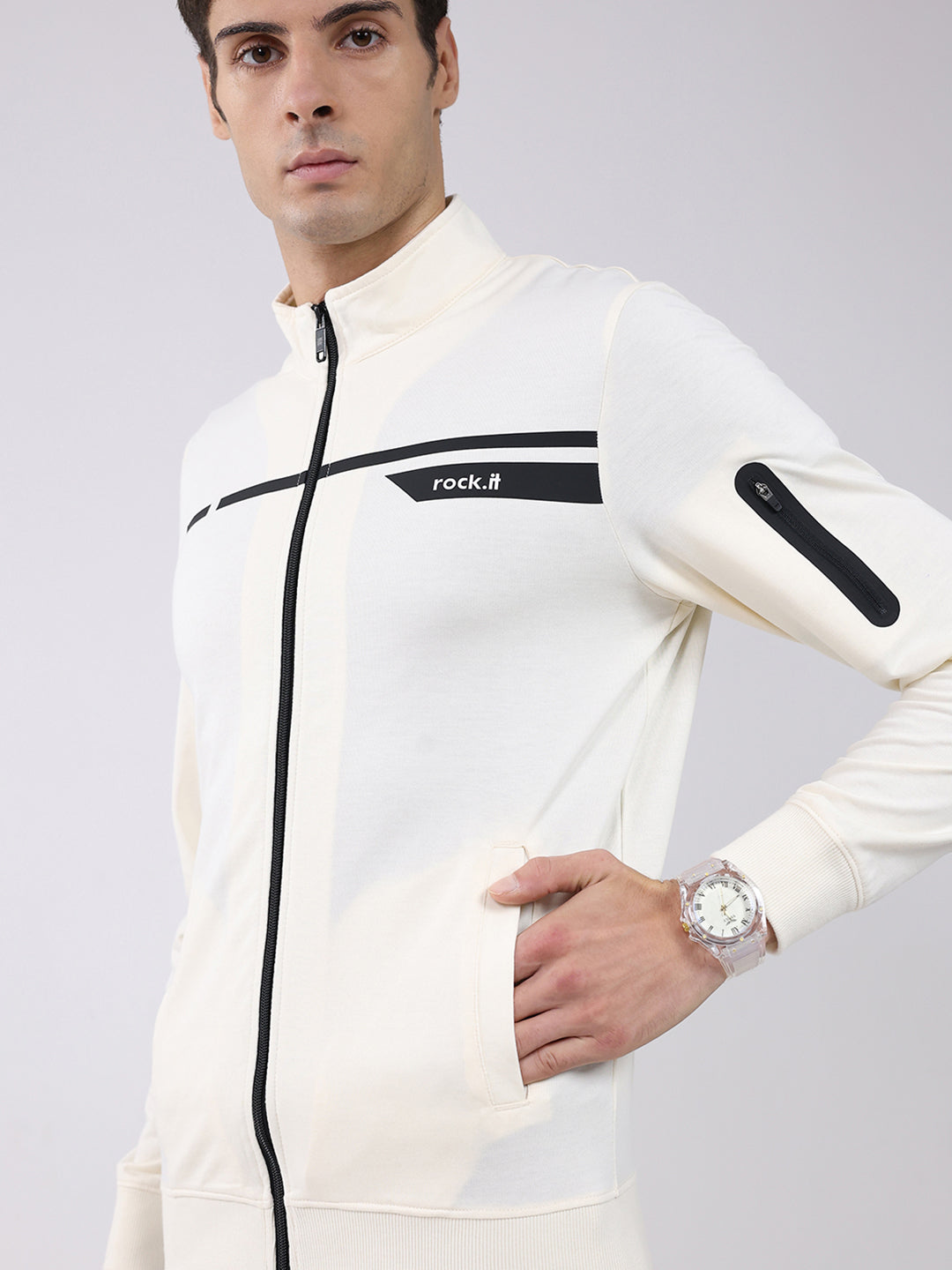 Rock.it Men Off White Solid Mock Neck Full Sleeve Sweatshirt