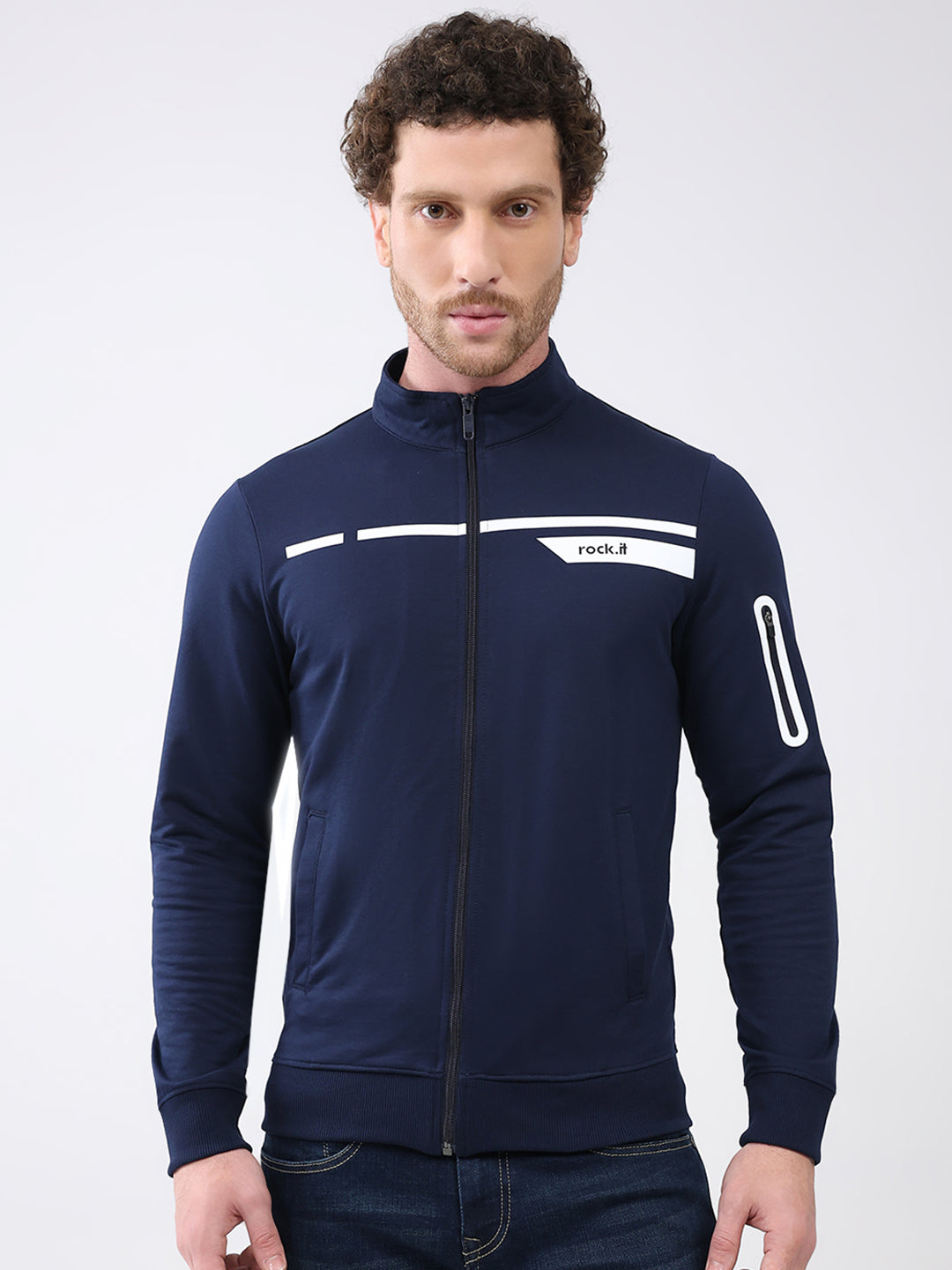 Rock.it Men Navy Blue Printed Mock Neck Full Sleeve Sweatshirt