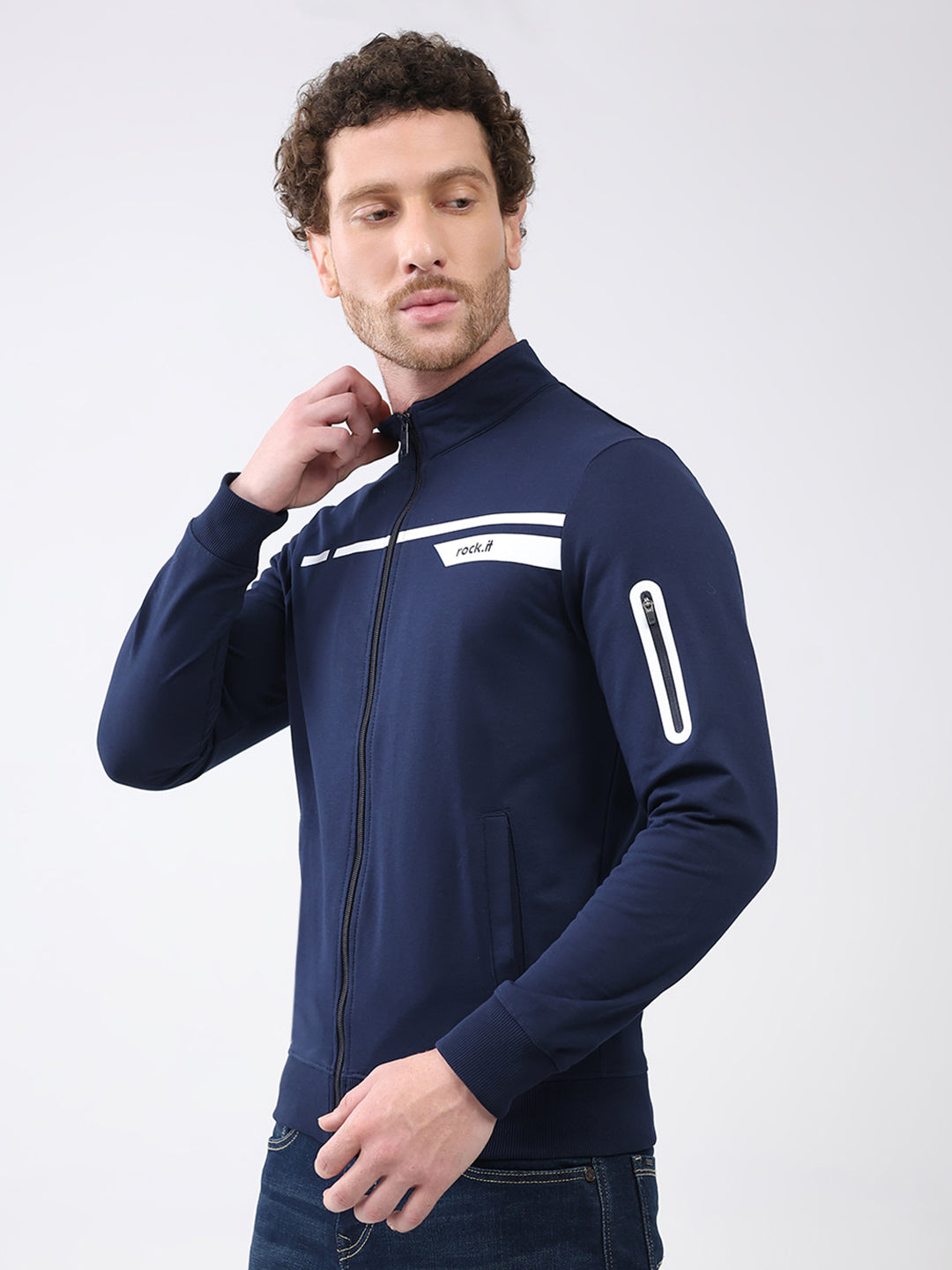 Rock.it Men Navy Blue Printed Mock Neck Full Sleeve Sweatshirt