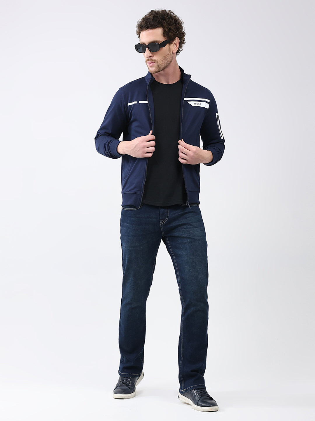 Rock.it Men Navy Blue Printed Mock Neck Full Sleeve Sweatshirt