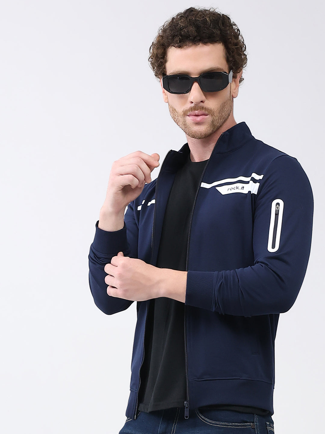 Rock.it Men Navy Blue Printed Mock Neck Full Sleeve Sweatshirt