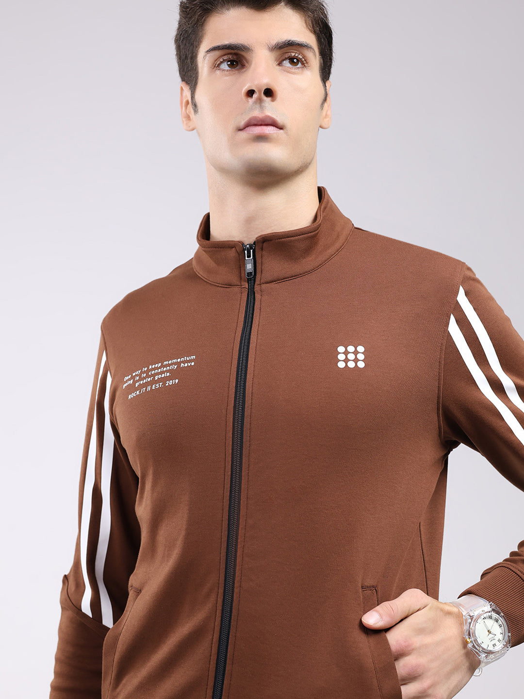 Rock.it Men Brown Printed Mock Neck Full Sleeve Sweatshirt