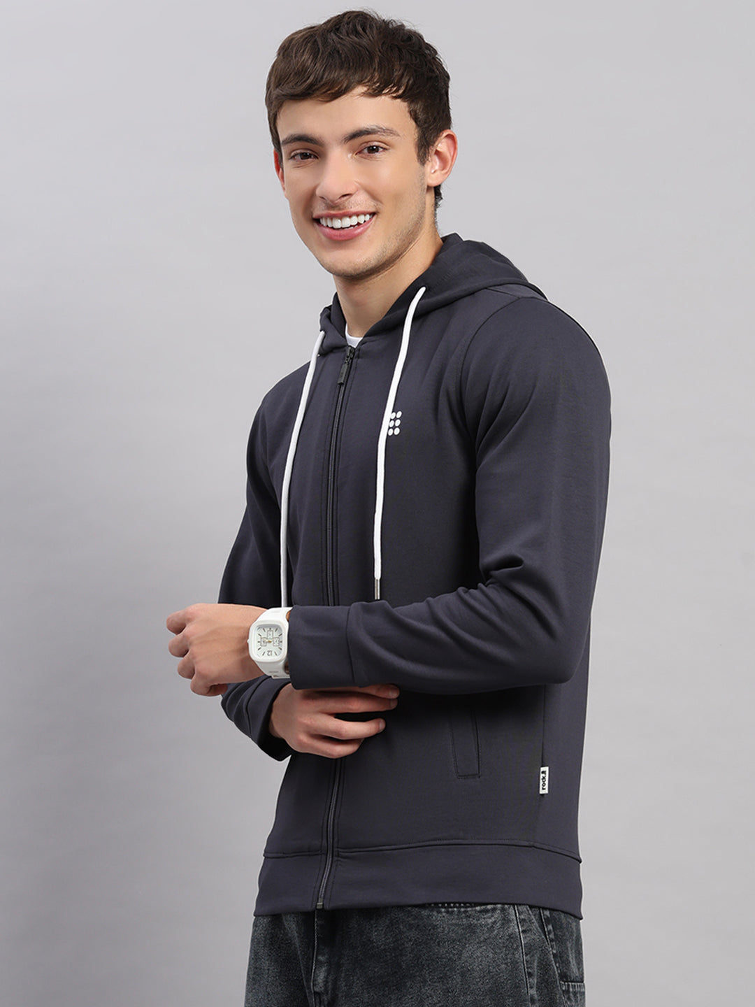 Rock.it Men Grey Solid Hooded Full Sleeve Sweatshirt
