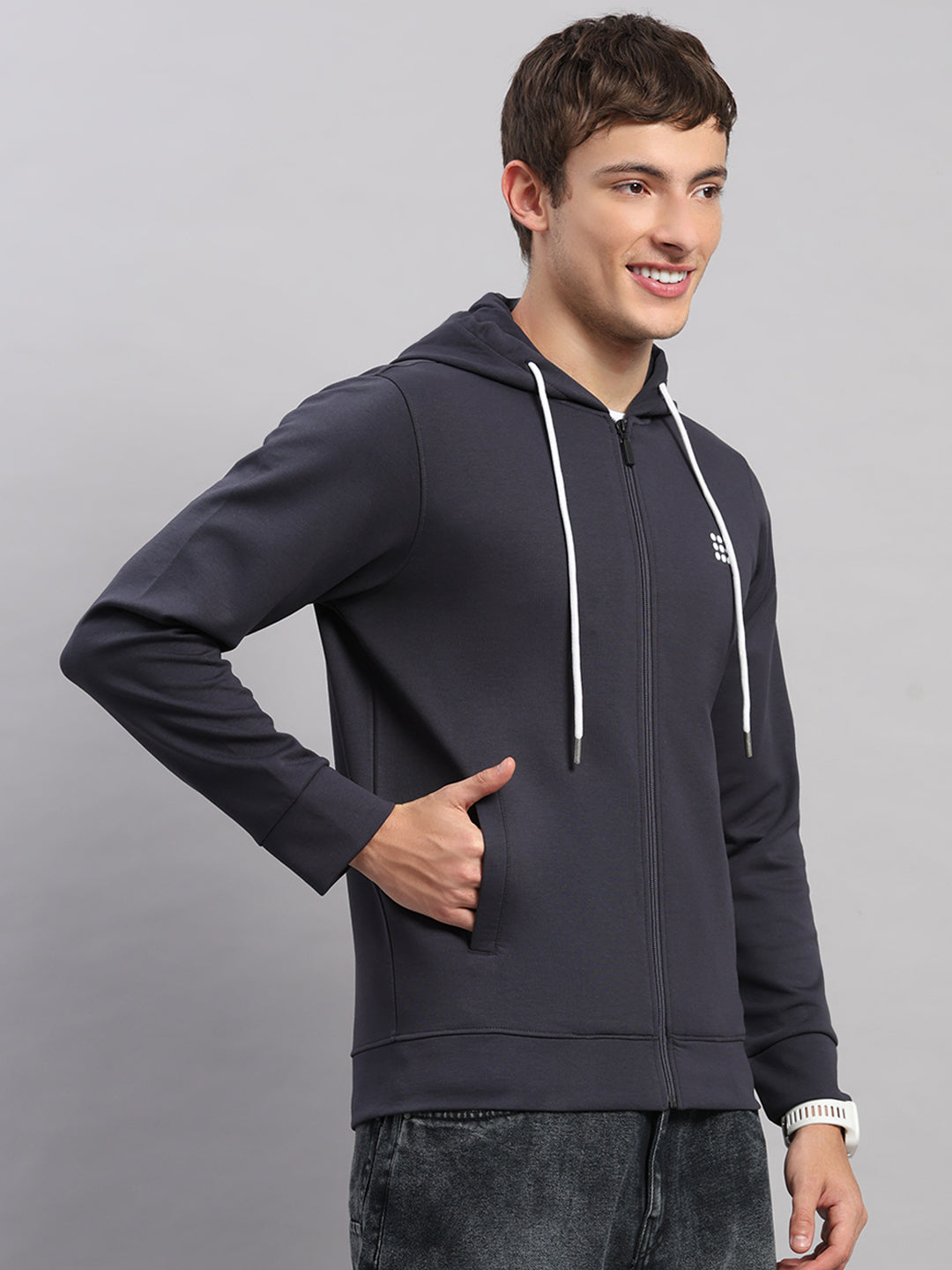 Rock.it Men Grey Solid Hooded Full Sleeve Sweatshirt