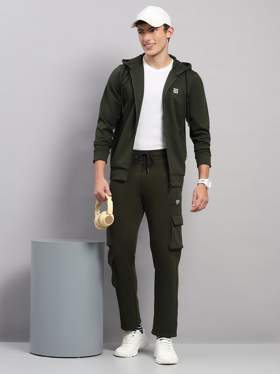 Rock.it Men Olive Solid Hooded Full Sleeve Sweatshirt