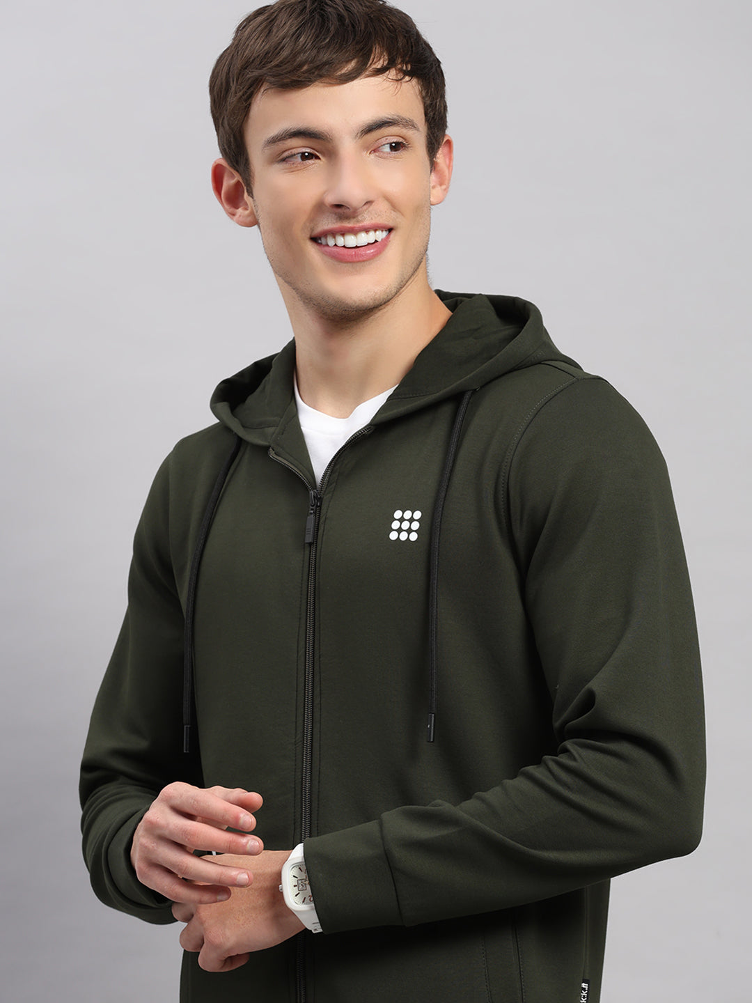 Rock.it Men Olive Solid Hooded Full Sleeve Sweatshirt