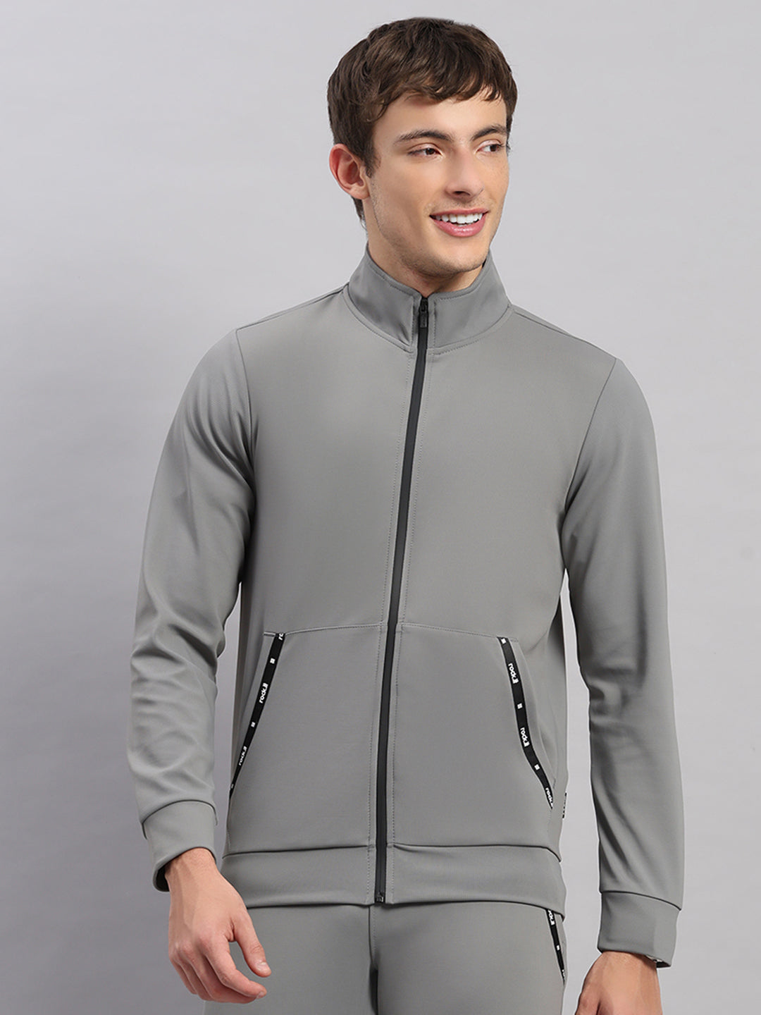 Rock.it Men Grey Self Design Collar Full Sleeve Sweatshirt