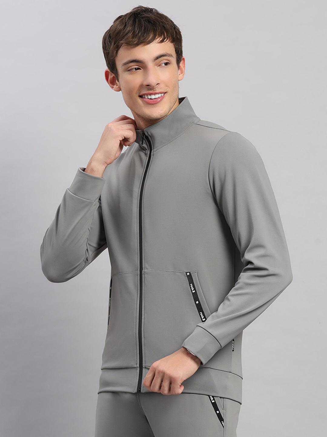 Rock.it Men Grey Self Design Collar Full Sleeve Sweatshirt