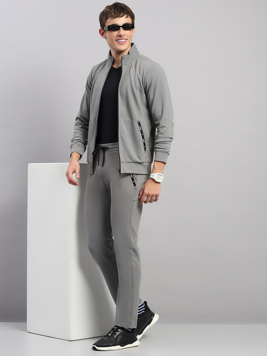 Rock.it Men Grey Self Design Collar Full Sleeve Sweatshirt