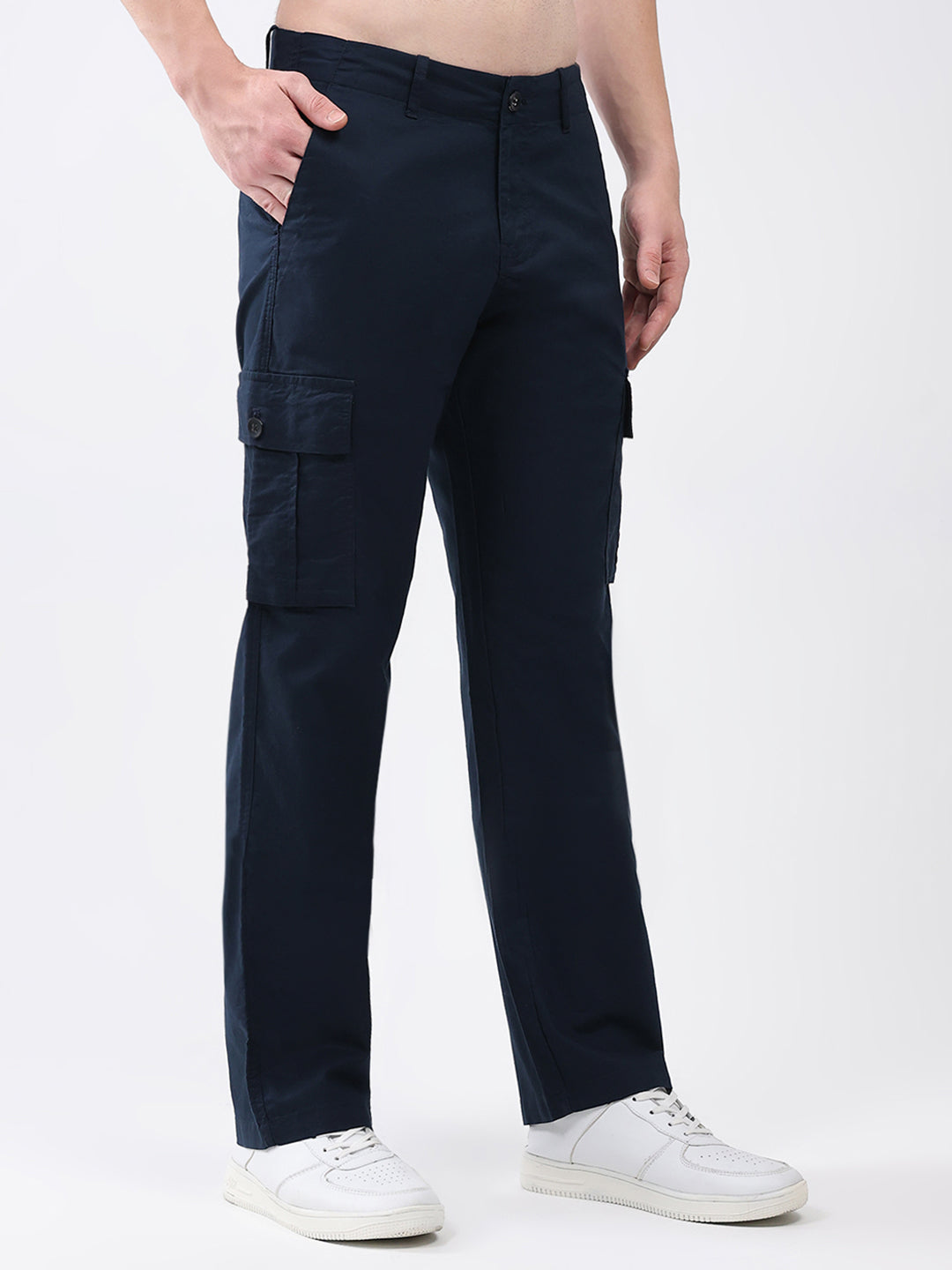 Rock.it Men Navy Blue Solid Straight Fit Cargo