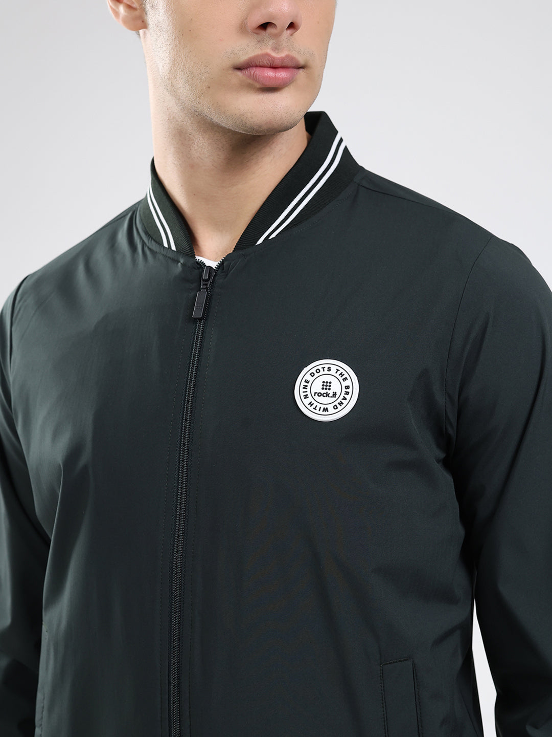 Rock.it Men Olive Solid Band Neck Full Sleeve Jacket