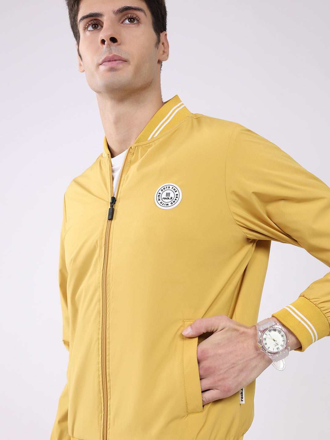 Rock.it Men Mustard Solid Band Neck Full Sleeve Jacket